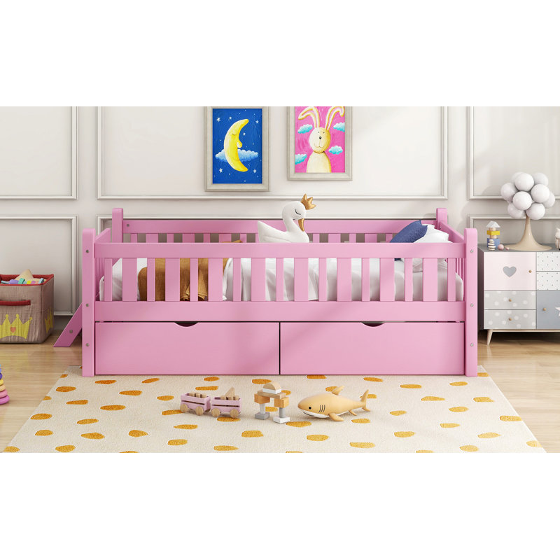 Wood Twin Size Platform Bed With Guardrail And 2 Drawers, Pink