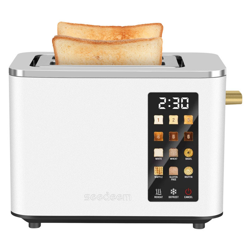2 Slice Toaster,Touchscreen Stainless Steel Toaster,6 Bread and Toning Options,Timer,Removable Crumb Tray,900W, White