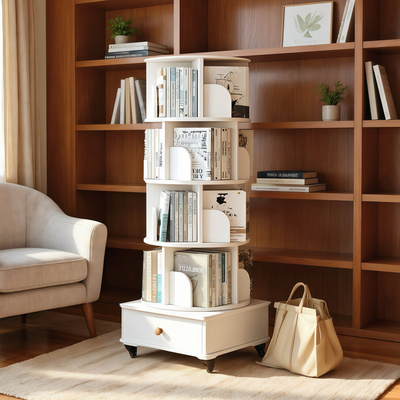 Bibliothèque rotative avec tiroir, présentoir à 360 degrés, organisateur de coin à 5 niveaux pour petits espaces, support de rangement en bois sur pied