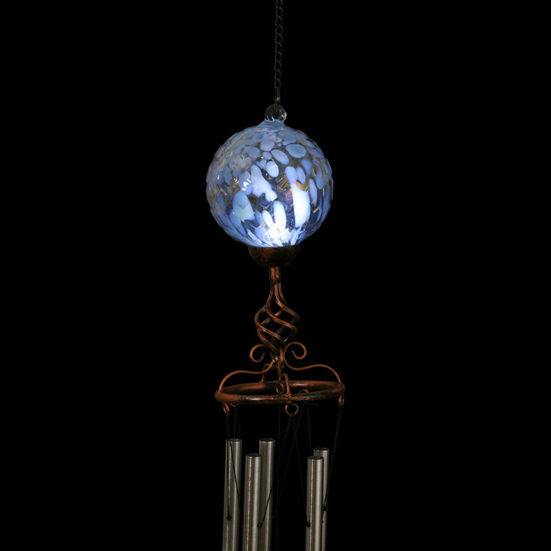 Light Blue Solar Pearlized Honeycomb Glass Wind Chime with Metal Finial