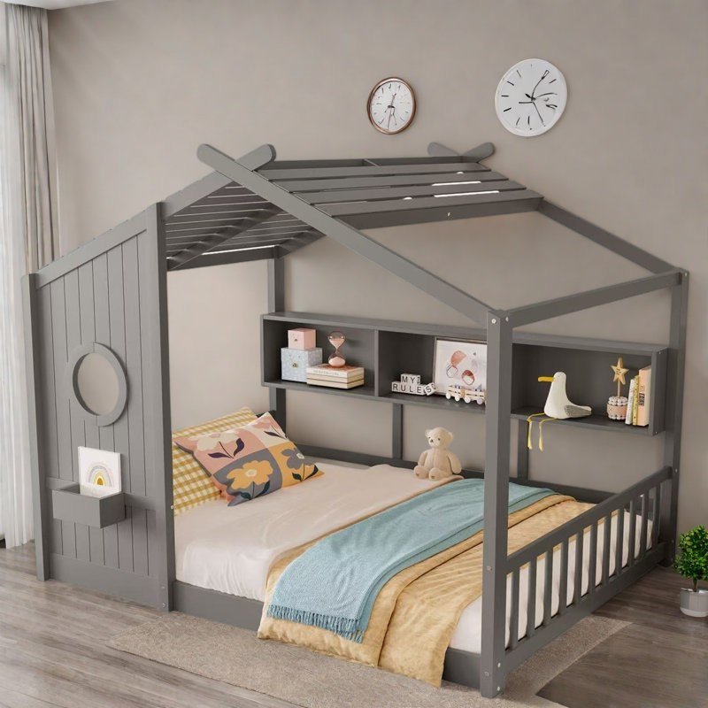 Lit sur pied avec tablettes de rangement, Lit double, Gris