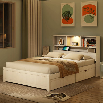 Wood Platform Storage Bed with Bookcase Headboard, Built-In Night Light, Charging Station, and 2 Wheels Side Drawers
