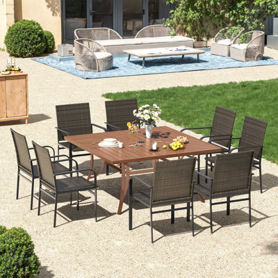 8-Person Square Outdoor Dining Set with 59" Metal Dining Table and 8 Rattan Dining Chairs