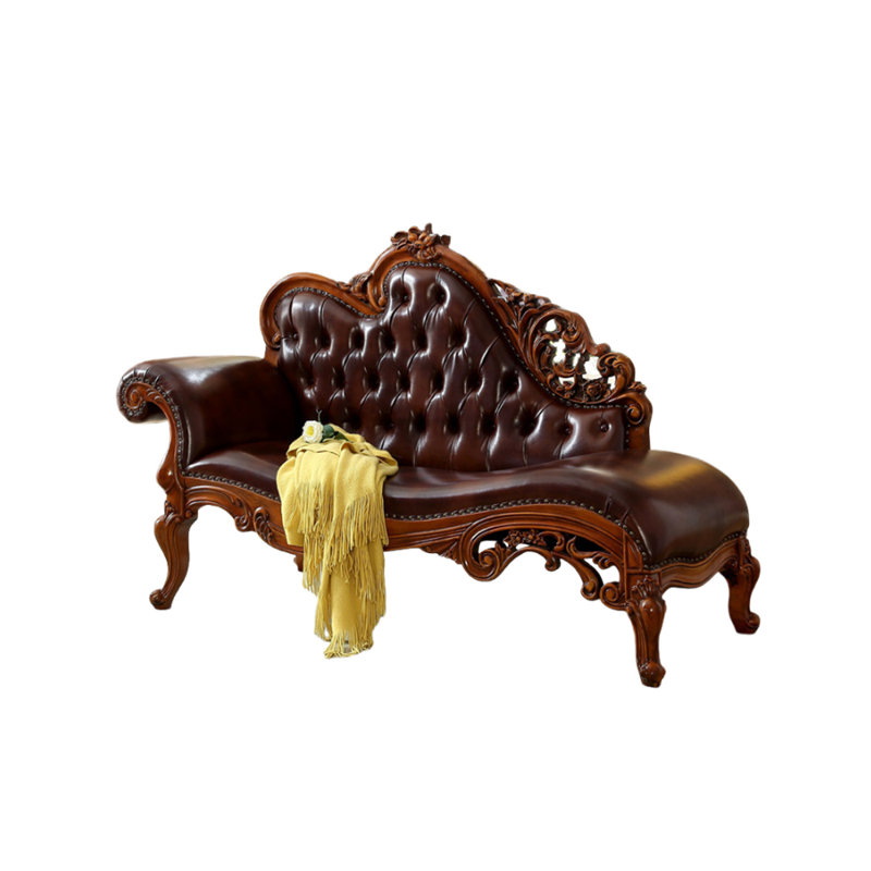 Chaise longue rembourrée en bois massif de style européen, Accoudoir à gauche (vu de face), Cuir véritable brun