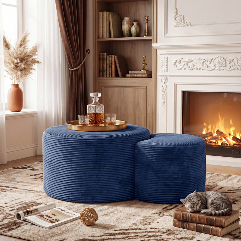 2-Piece Round Ottoman Set for Living Room, Modern Corduroy Footstool with High-Density Foam, Blue, Blue