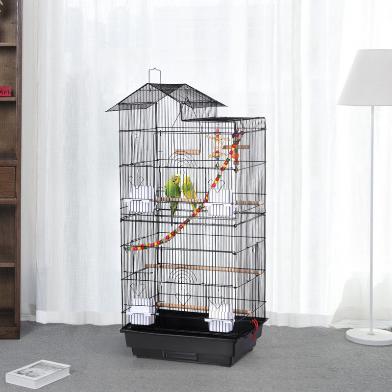 Iron Pointed Top Floor Bird Cage with Perch, Black