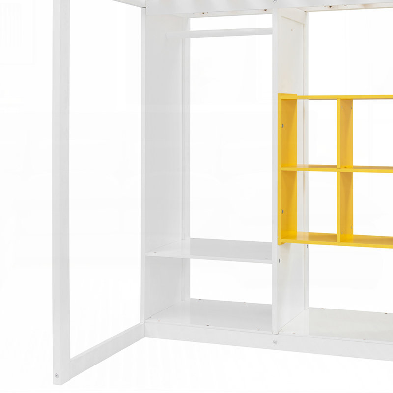 Lit mezzanine avec rangement intelligent et garde-robe ouvert, Lit simple, Jaune / Blanc