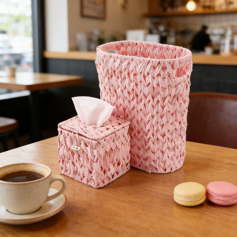 Ensemble de poubelle et boîte à mouchoirs en osier tissé à la main, poubelle imperméable avec couvercle et panier de rangement pour la salle de bain, la cuisine, la chambre à coucher et le bureau