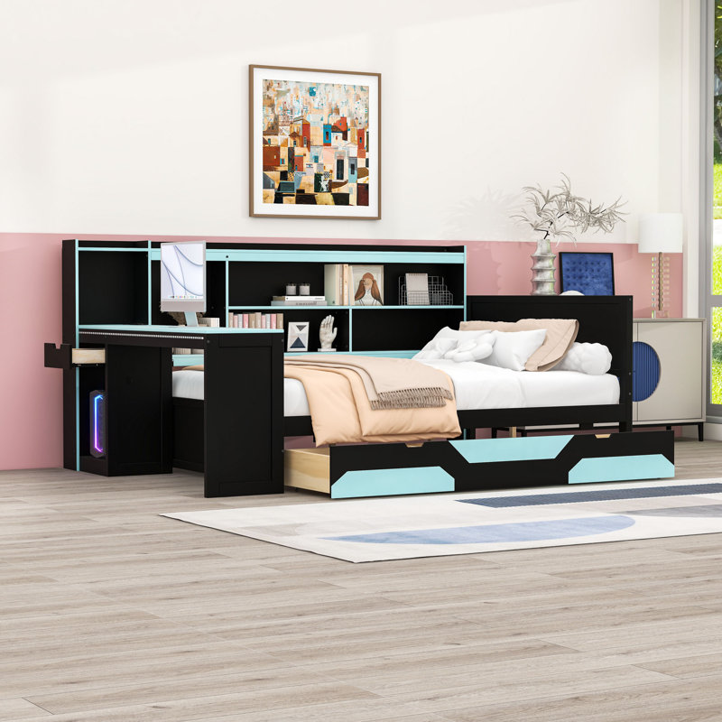 Lit de jour avec espace de travail intégré, alimentation intégrée et éclairage personnalisable, Lit double, Noir / Bleu
