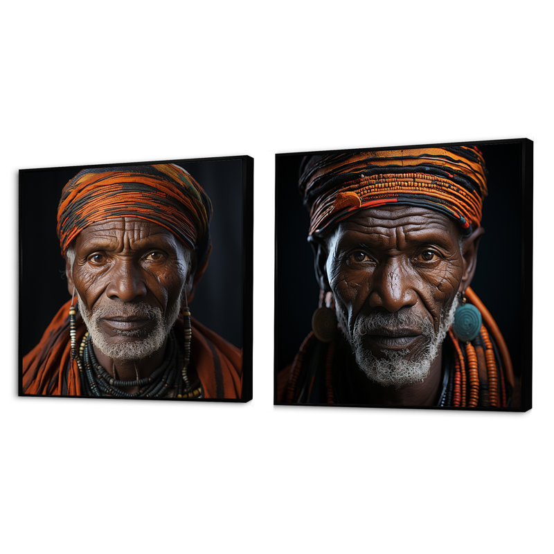 Portrait de chef tribal ébène - ensemble de 2 collages carrés tribaux d'Afrique, Cadre flottant noir, H 16 po x l 33 po