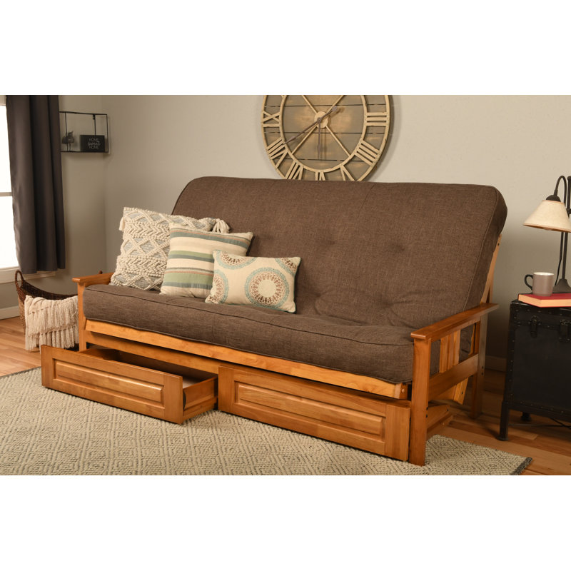 Stratford 86" Queen Futon and Mattress with Drawer set, Butternut, Linen Cocoa, Premium Pocket Coil