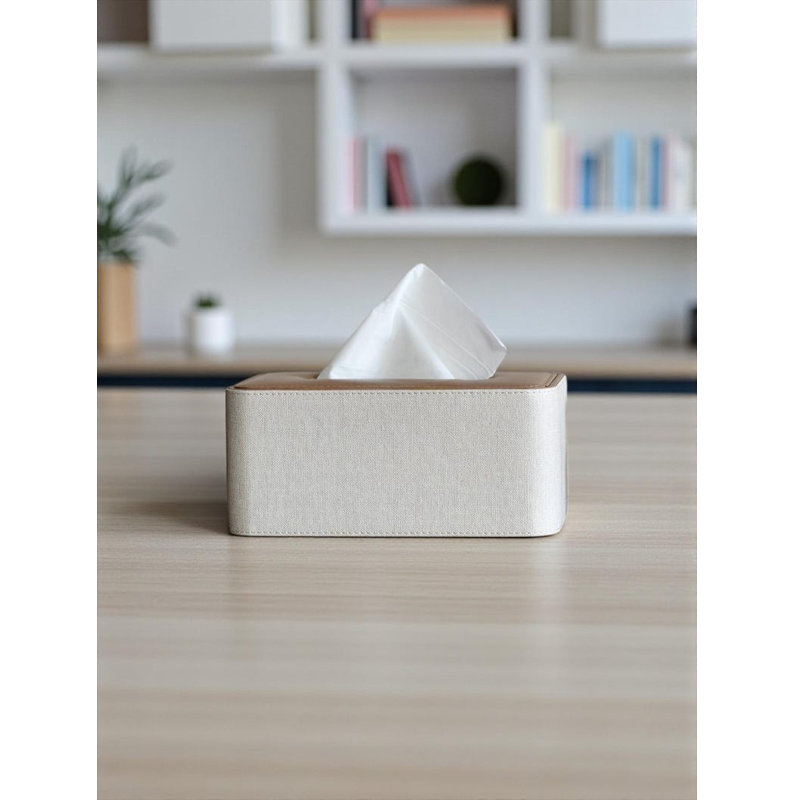 Rectangular Tissue Box Cover, Beige Linen Oak