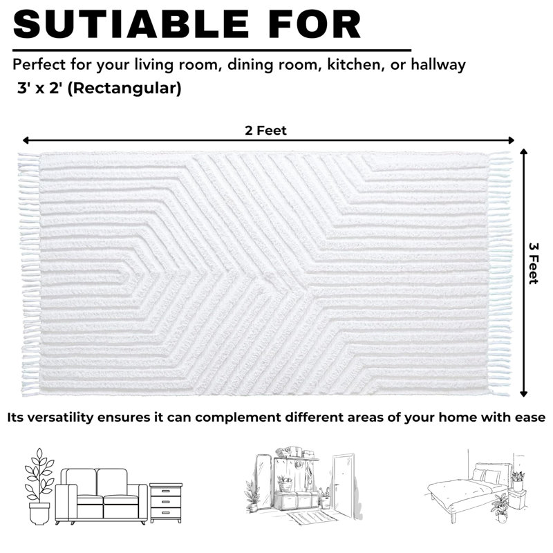 Tapis pour salle de bain en coton tissé à la main avec pompons Boho - Petit tapis d'entrée lavable, Blanc