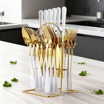 24-Piece Stainless Steel Flatware Set For 6 With Silverware Holder, Gold Mirror Polished And Matte Painted Cutlery Set, Durable Utensils Set With Spoons Forks Knives