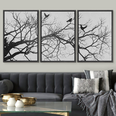 Abstract Tree Faded Black Tree Branch Illustrations, Rustic Modern Neutral Wall Pictures, Giclee Canvas Digital Print Framed Wall Art