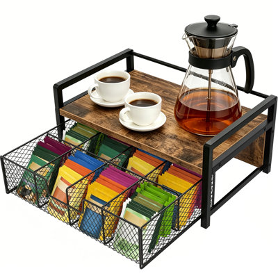 Organisateur de sachets de thé avec tiroir, support de sachets de thé rustique en bois et en métal, coffre de rangement de grande capacité, distributeur de dosettes de café polyvalent pour la cuisine, le bureau et la maison