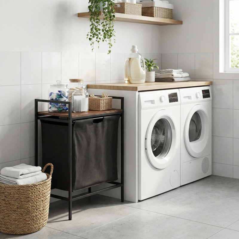 19.7" Modern Laundry Hamper With 2 Basket, Black Metal Frame, Removable Fabric Basket, Adjustable Feet