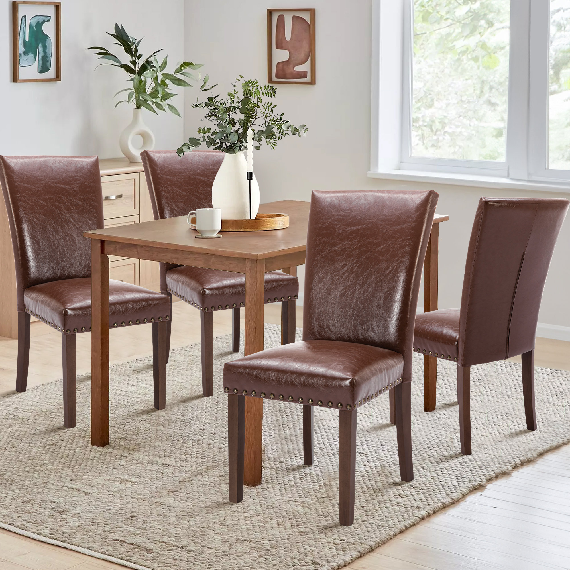 Lark Manor™ Nailhead Trim Leather Upholstered Side Chair Wood