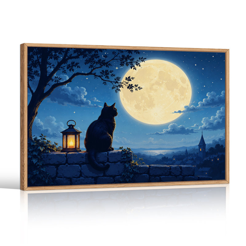 Art mural sur toile, chat noir assis sur une pierre avec lanterne, H 36 po x l 48 po
