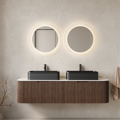 Meuble-lavabo de 60 po avec lavabos, armoire de rangement murale rayée à bords arrondis avec 2 tiroirs, 2 lavabos rectangulaires en céramique noire, sans robinet, pré-assemblé, couleur noyer foncé