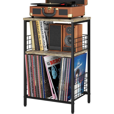 Side Table, Small End Table Record Player Stand With Storage, Vinyl Record Storage Night Stand For Living Room, Bedroom,Office(Patent Pending)(Brown&Black)