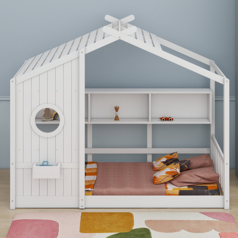 Lit sur pied pour enfant, lit Montessori pour enfants avec tablette de rangement, lit de jeu avec toit, Simple, Blanc