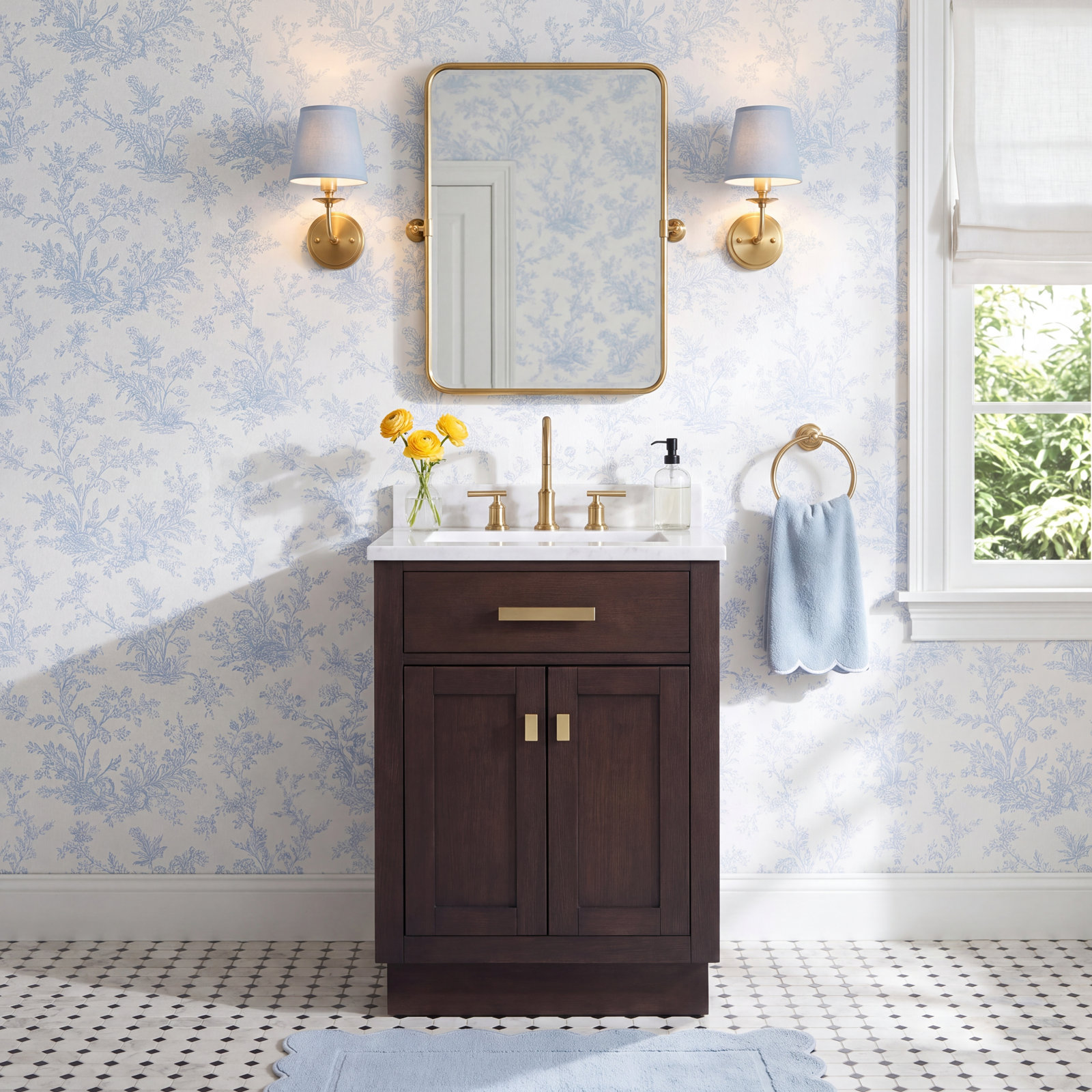 Breshey Carrara Marble Single Bathroom Vanity, Brown, 24"W x 21.6"D x 34.2"H