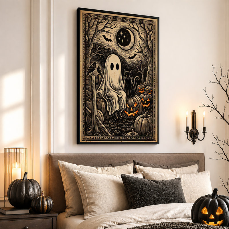 Art mural rétro sur toile, fantôme et chat noir avec citrouilles, 18"H x 12"W