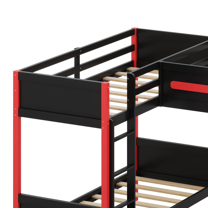 Lit superposé simple en forme de L avec lit mezzanine simple, bureau intégré, tablettes et DEL