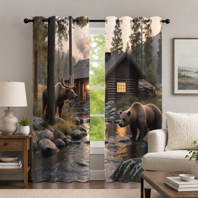 2 pièces, cabane de forêt et rideaux d'animaux sauvages, rideaux imprimés à motif de paysages rustiques, décorations de fenêtre à oeillets pour décor de chalet