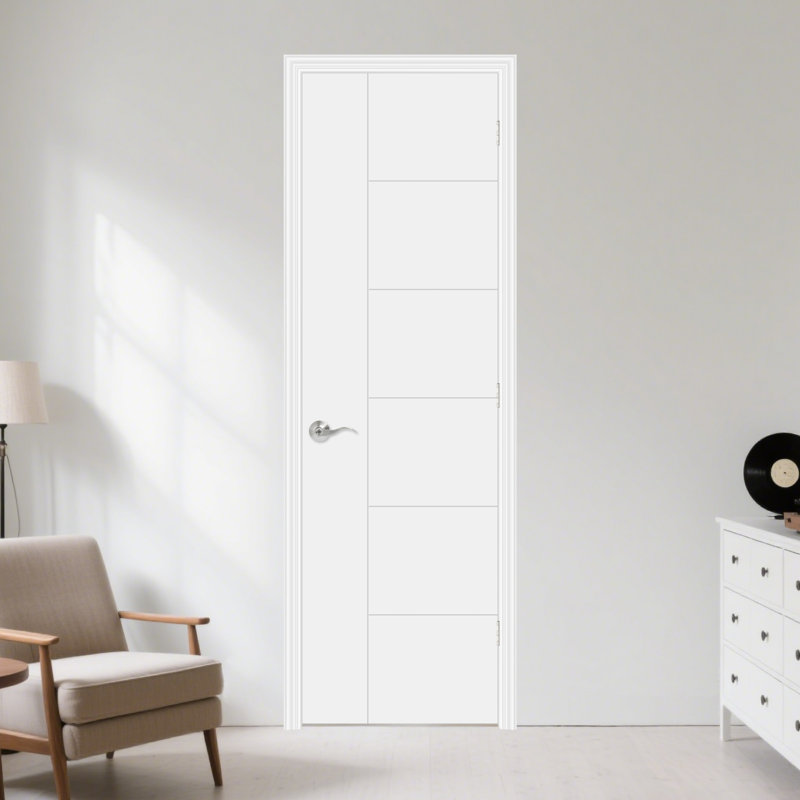 Intérieur avec porte affleurante standard en bois à surface lisse et apprêtée blanc sans trousse de quincaillerie