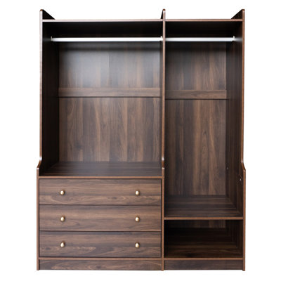 Commode brune, garde-robe ouverte avec rangement