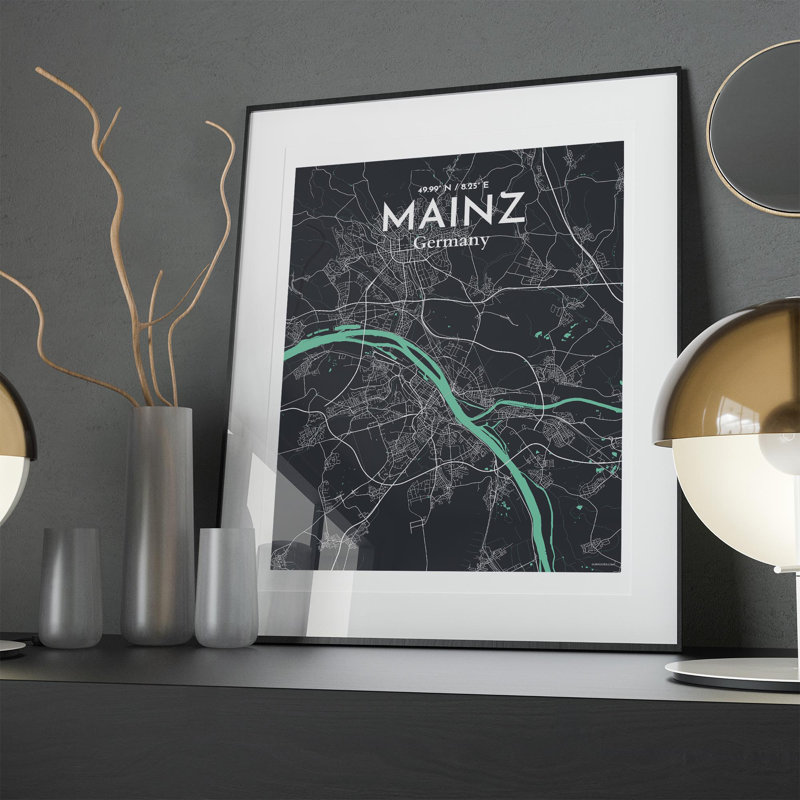 Mainz, carte de la ville, impression, Vert/gris, H 20 po x l 16 po