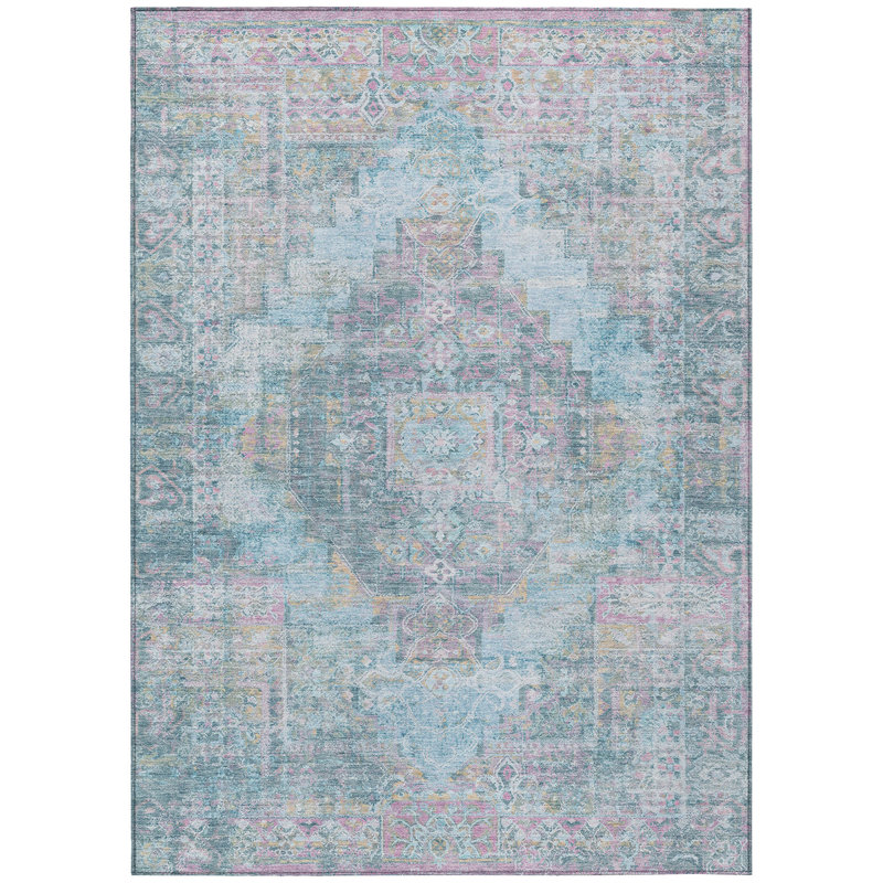 3' X 5' Blue And Pink Medallion Washable Indoor Outdoor Area Rug