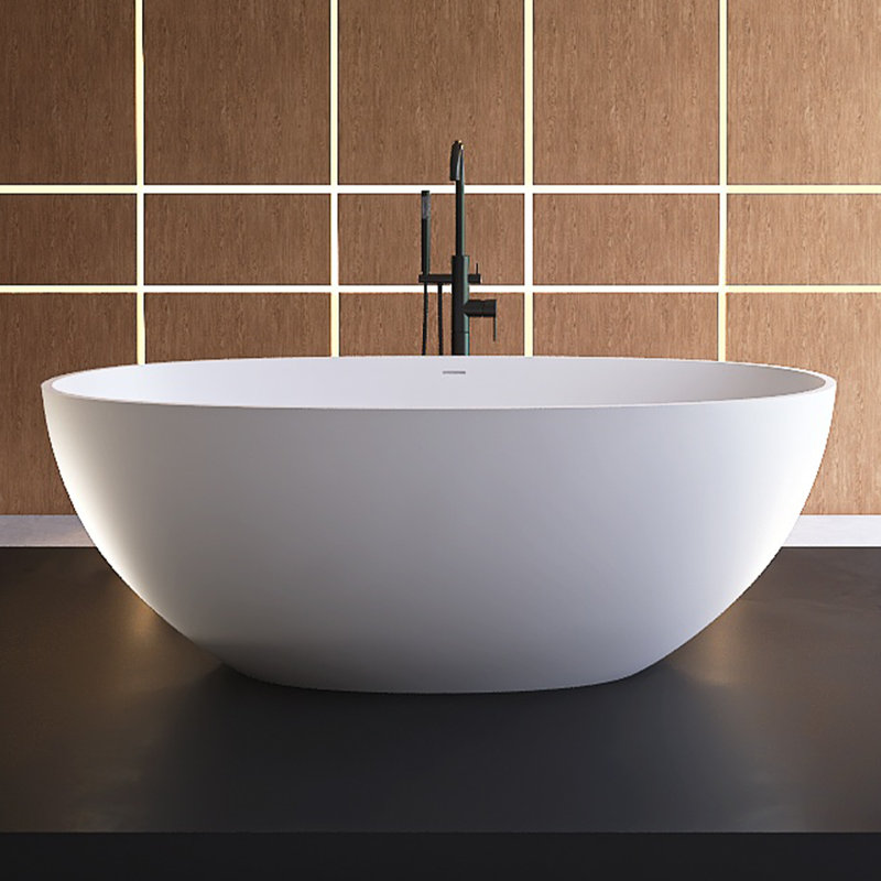61" Matte White Freestanding Bathtub Deep Soak Oval Design, Solid Surface & Built-In Chrome Drain