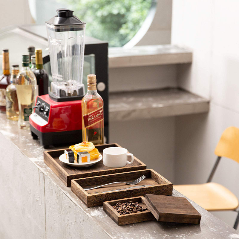 Wooden Service Tray And Handle, Rectangular Plate Entertainment, Breakfast, Coffee Table, (Rustic/7 Pcs)