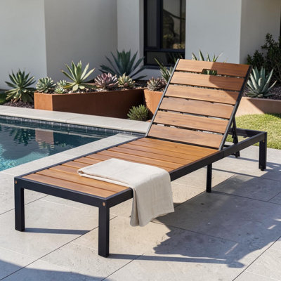 Acacia Wood & Metal Outdoor Reclining Chaise Lounge Chair With Wheels
