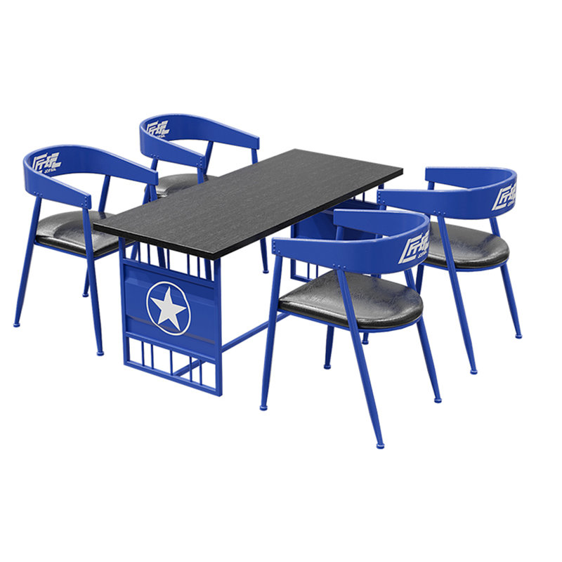 Table et chaises créatives de style industriel, 5, Plateau noir / base bleue, Bleu et noir