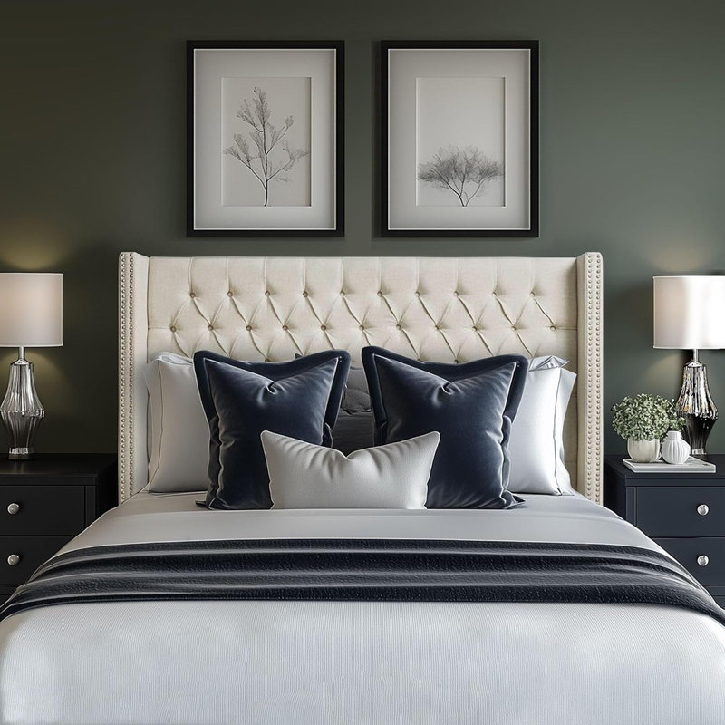 Cream Upholstered King Headboard – Button Tufted Wingback Style With Nail Head Trim Accents