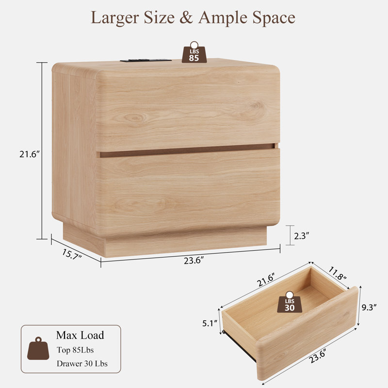 Table de chevet avec station de charge, table de bout moderne de 23,6 po avec 2 tiroirs et base épaissie renforcée pour le salon de la chambre à coucher, chêne naturel