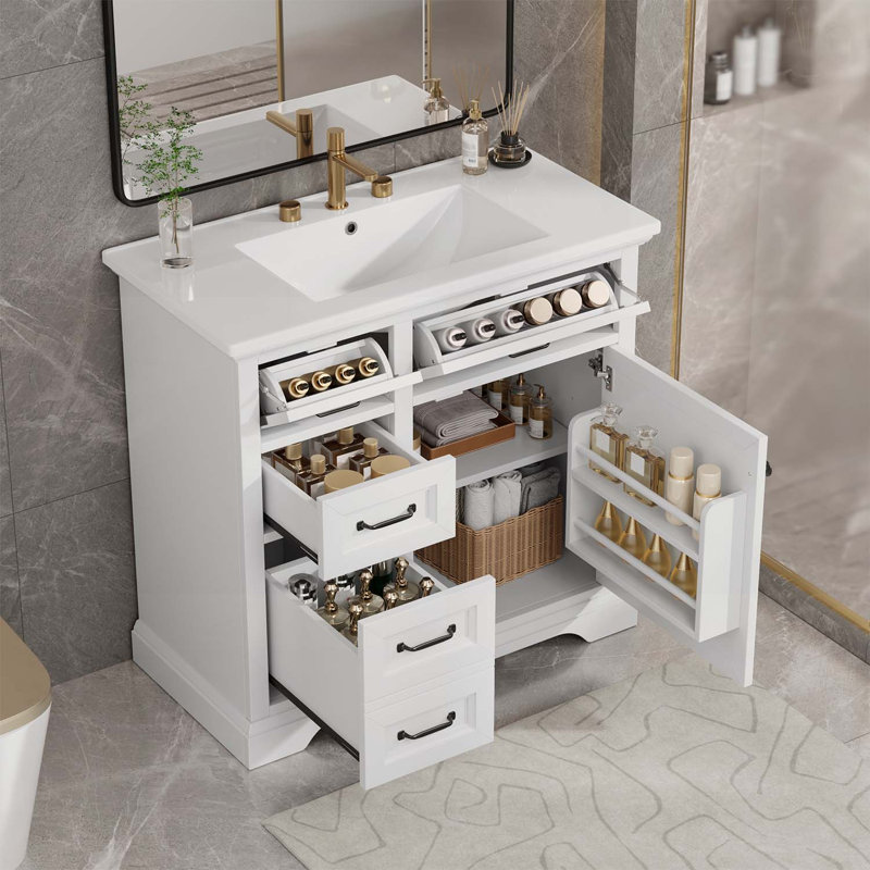 Meuble-lavabo autoportant 36 po avec lavabo 36 po, 4 tiroirs et porte à fermeture en douceur, Blanc