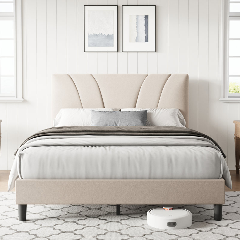 Lit plateforme tapissier avec tête de lit ajustable, Beige, Très grand