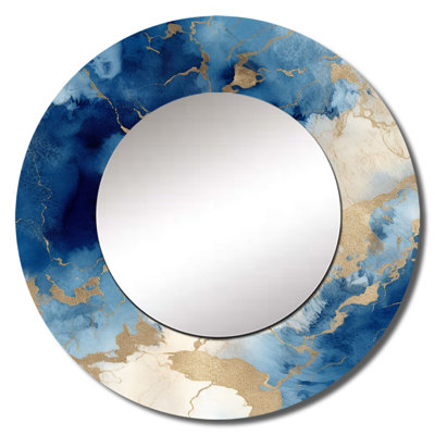 Blue and Gold Marble Clouds X - Fractals Wall Mirror, Modern Round Decorative Mirror, Printed Metal Art