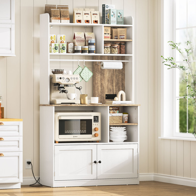 71" Pantry Cabinet Farmhouse, Built-in Power Outlet, Microwave Stand & Adjustable Shelves, Kitchen Hutch Storage