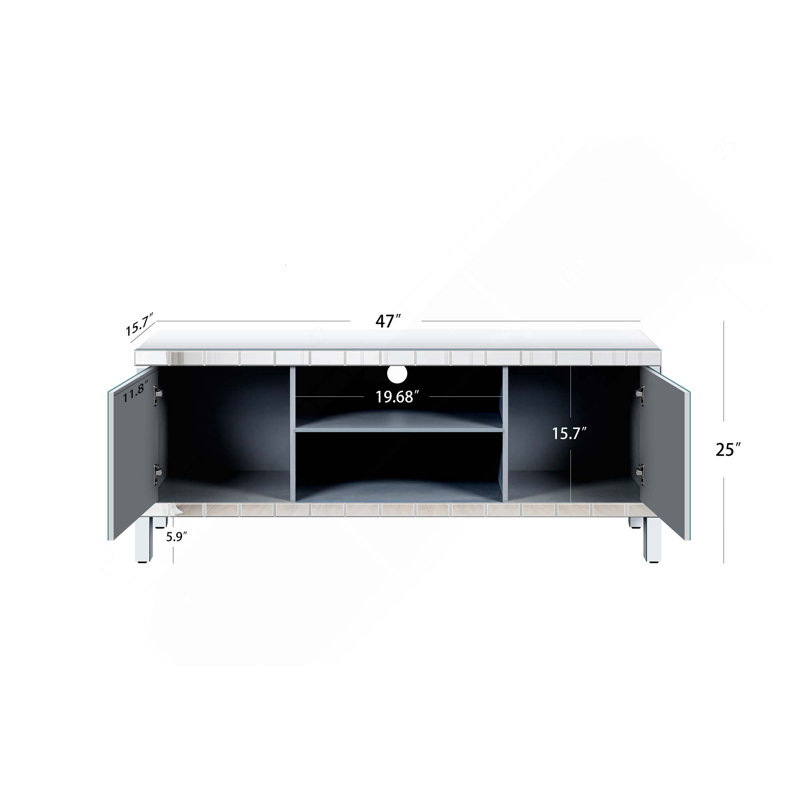 Console multimédia moderne avec portes en miroir en forme de diamant et espace de rangement ouvert, 47" W
