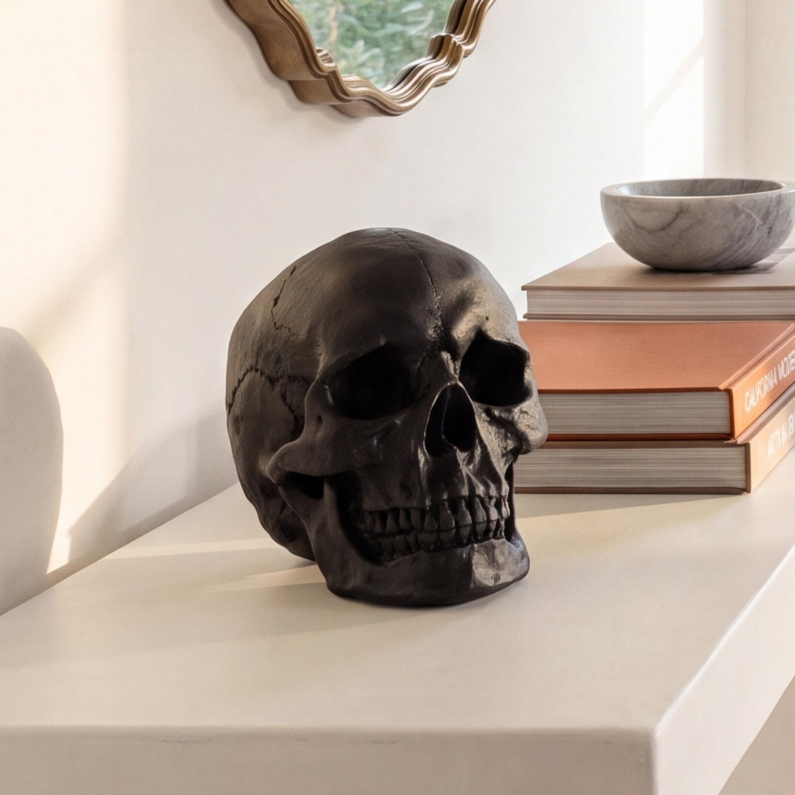 Muscogee Faux Human Skull Holiday Figurine, Black
