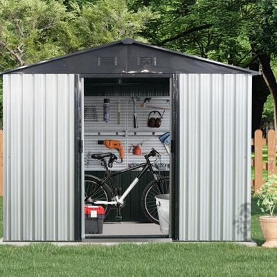 8Ft X 4Ft Metal Outdoor Shed For Backyard, Patio, Lawn. White And Black. Strong Build. Tilted Roof & Lockable Door. With Foundation 8X4 Ft Shed. Practical. Includes Additions