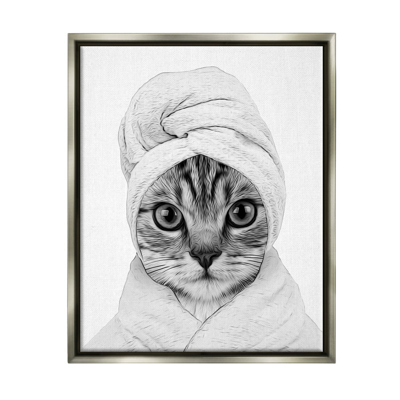 Drôle de chat dans un peignoir, art mural encadré gris sur toile flottante par Annalisa Latella, H 21 po x l 17 po x P 1,7 po