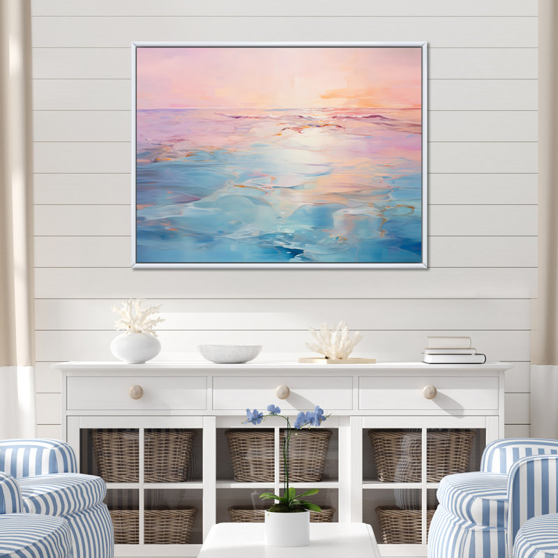 Rose et bleu pastel coucher de soleil - vagues côtières, art mural, Cadre flottant blanc, H 30 po x l 40 po x P 1,5 po