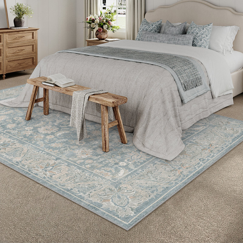 Tapis oriental lavable en machine Nestiva, Bleu, Rectangulaire 9 pi x 12 pi